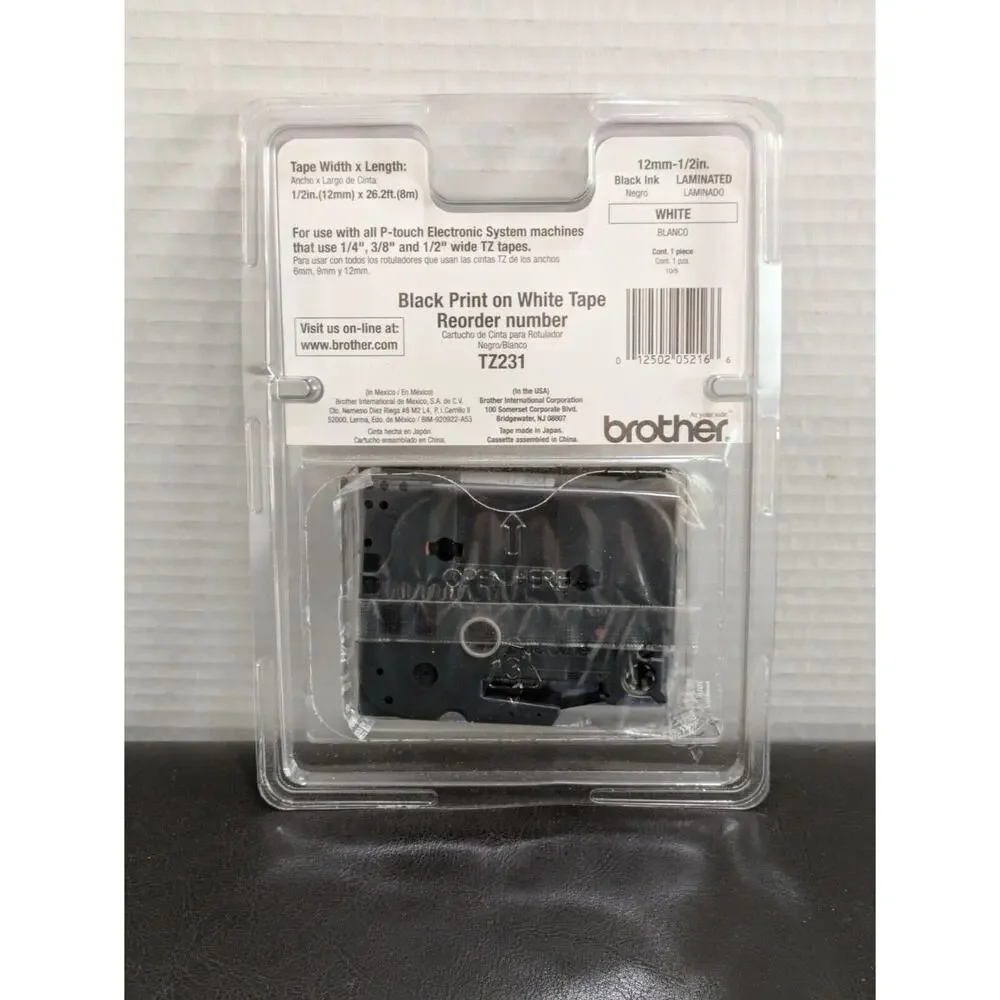 Brother P-Touch 12mm TZ-231 Black Print‎ on White Tape